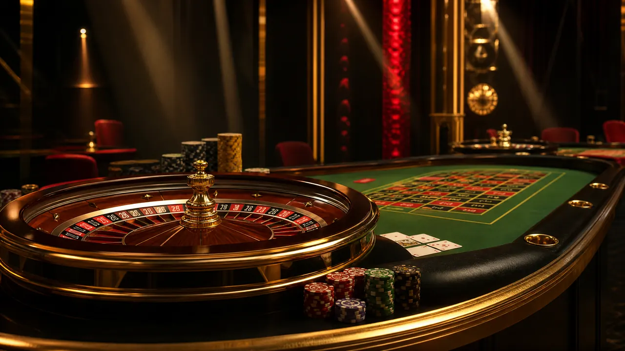 Meja roulette kasino dengan roda emas dan tumpukan chip di studio live