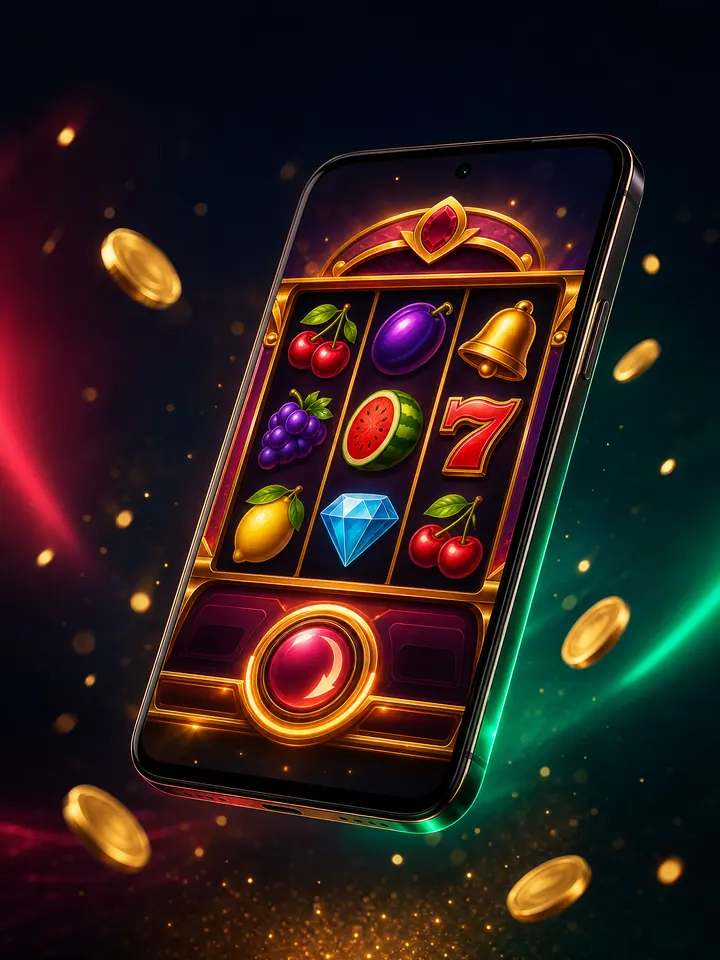 Tampilan permainan slot pada layar ponsel dengan koin emas, menggambarkan pengalaman mobile Republik77