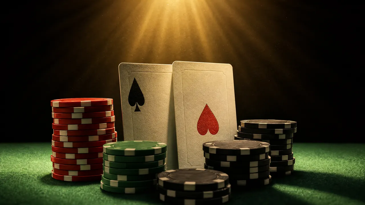 Dua kartu as berdiri di antara tumpukan chip poker merah, hijau, dan hitam