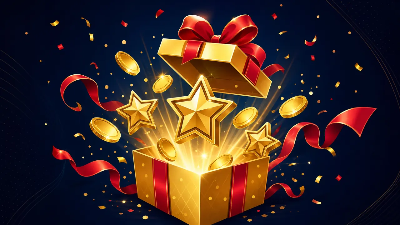 Kotak hadiah emas terbuka dengan koin dan bintang, simbol promosi kasino