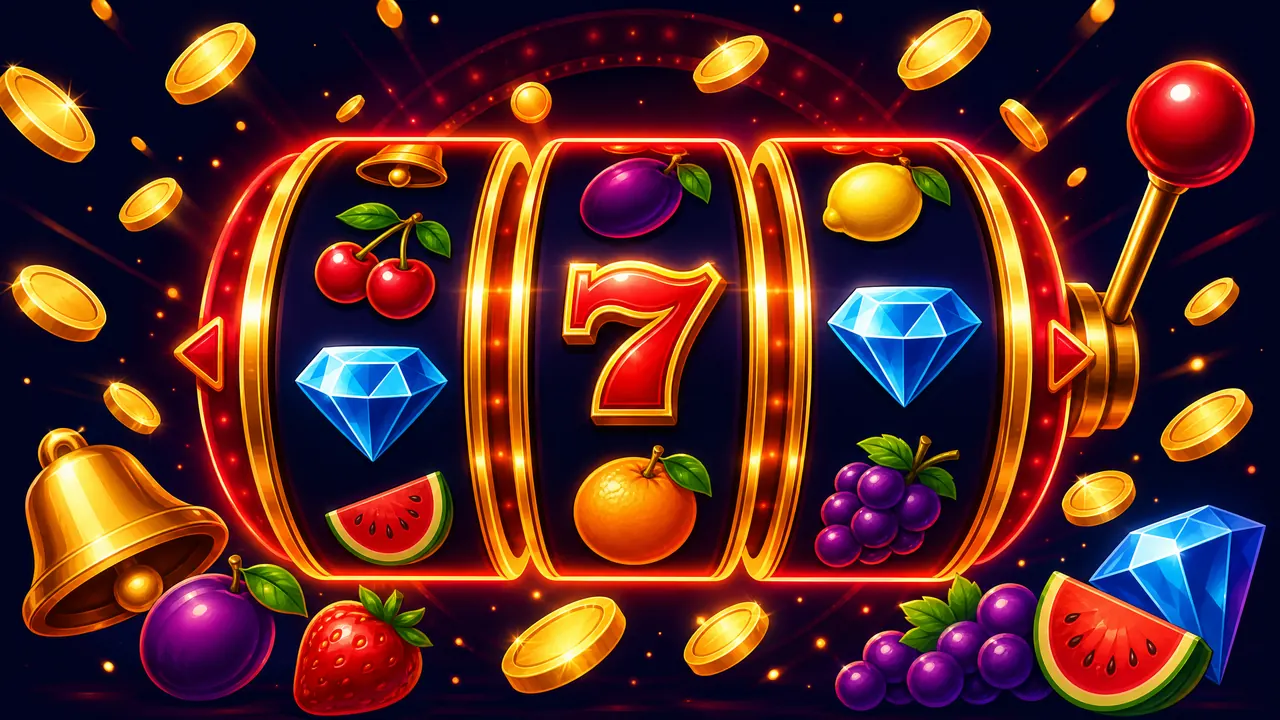 Ilustrasi gulungan slot dengan simbol buah, angka tujuh, dan koin emas