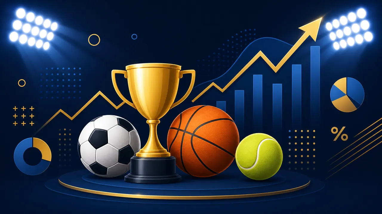 Trofi emas dengan bola sepak, bola basket, dan grafik panah naik di stadion
